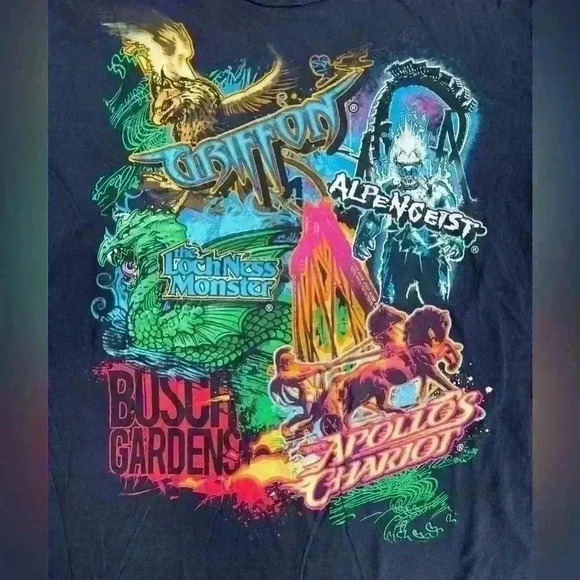 Busch Gardens Authentic Rare Theme Park Rides Y2K Colorful Graphic Tee Shirt L - Picture 3 of 7
